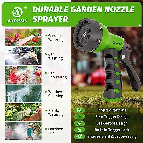 AUTOMAN-Garden-Hose-Nozzle,ABS Water Spray Nozzle with Heavy Duty 7 Adjustable Watering Patterns,Slip Resistant for Watering Plants,Lawn& Garden,Washing Cars,Cleaning,Showering Pets - Green - Image 6