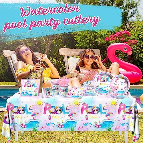 Pool Party Supplies,141pcs Pink Pool Birthday Tableware Decorations Pool Party Plates Cups Summer Theme Napkins Beach Ball Tablecloth for Hawaii Party Decoration - Image 2