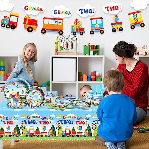 Chuagaa Chugga Two Two 142PCS Birthday Decoration Train Paper Plates Tableware Set - Transportation Table Cloth Banner Cups for 2nd Birthday Train Party Supplies - Image 2