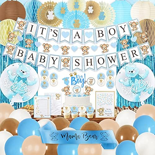 Teddy Bear Baby Shower Decorations for Boy - 210 Pc We Can Bearly Wait Party Kit with Blue Brown Balloons, It's a Boy Banner, Bear Garland, Guest Book, Mama to Be Sash, Fans, Lanterns & Games by RegalDecorations