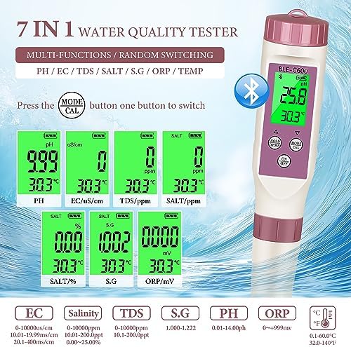 PH Meter 7-in-1 Tds Meter/Salinity Tester/pH Meter/EC Meter/Orp Meter/S.G Meter/Temp ph Tester Digital,PH Meter for Water 0.01pH Accuracy,Tds Meter with ATC. - Image 4