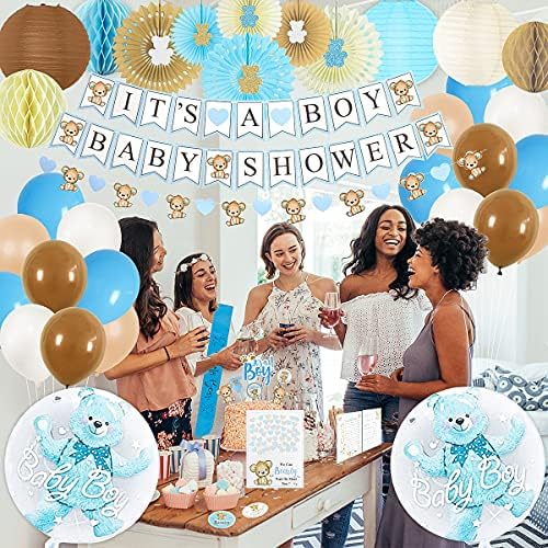 Teddy Bear Baby Shower Decorations for Boy - 210 Pc We Can Bearly Wait Party Kit with Blue Brown Balloons, It's a Boy Banner, Bear Garland, Guest Book, Mama to Be Sash, Fans, Lanterns & Games - Image 4