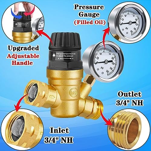 RV Water Pressure Regulator with Adjustable Handle,Upgrade Water Pressure Reducer, RV Water Regulator Valve with 2 Inlet Screened Filters, for RV Camper, Travel Trailer (Style 1-Handle Adjustable)… - Image 4