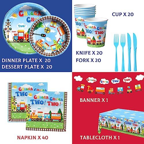 Chuagaa Chugga Two Two 142PCS Birthday Decoration Train Paper Plates Tableware Set - Transportation Table Cloth Banner Cups for 2nd Birthday Train Party Supplies - Image 6