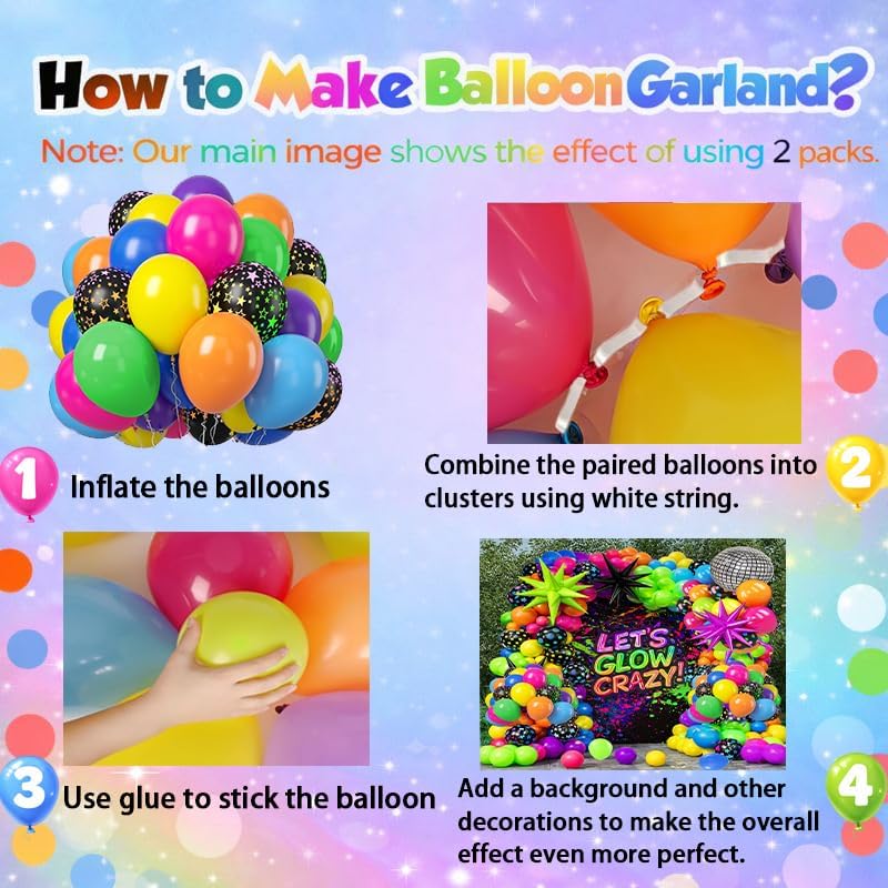 147PCS Neon Balloon Arch Garland Kit with Glow in the Dark Balloons for 80s 90s Disco, Rock and Roll, Birthday, Fiesta and Let's Glow Party Decorations - Image 3