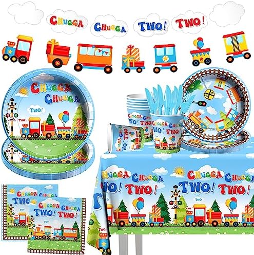 Chuagaa Chugga Two Two 142PCS Birthday Decoration Train Paper Plates Tableware Set - Transportation Table Cloth Banner Cups for 2nd Birthday Train Party Supplies by Lenyunge