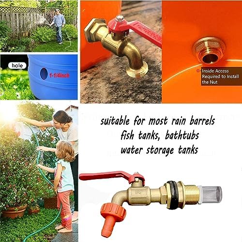 Rain Barrel Spigot, Brass Faucet Kit for Rain Water Barrel, Water Tanks, Tubs, Pools Etc, Turn Ball Valve Rain Barrel Spigot with Bulkhead Fitting Set, Hose Adapter, Filter Mesh and Tape - Image 5