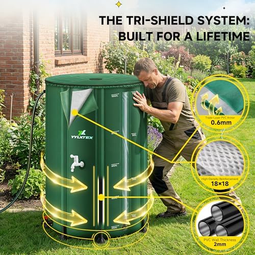 100 Gallon/380L Collapsible RainWater Collection Barrel,Water Tank&Reinforced with 2mm Frame Portable Rain Catcher,Includes Quick-Connect Tap&Sprinkler,Heavy Duty 0.6mm PVC for Long-Lasting Use,Green - Image 2