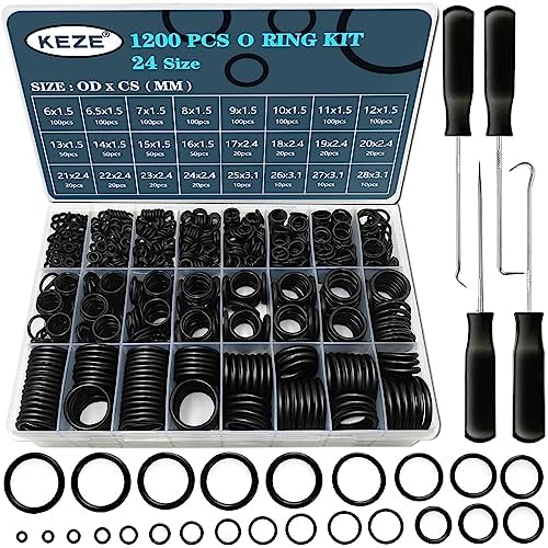 KEZE 1200 Pcs 24 Size Nitrile Rubber O-Ring Assortment Kit with 4-Piece Precision Pick and Hook Set for Auto Vehicle Faucet Plumbing Pressure Washer Air or Gas Sealing Repair OD:6mm-28mm O Ring by KEZE