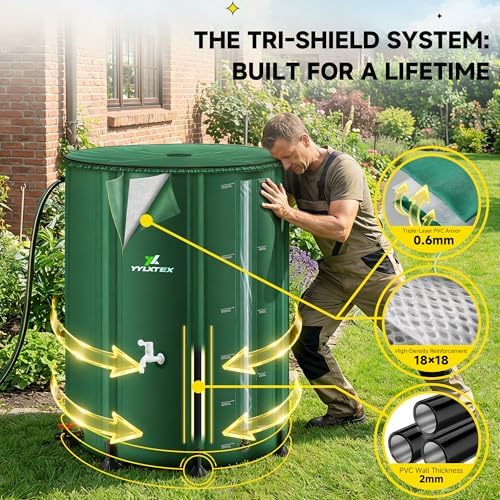132 Gallon/500L Collapsible RainWater Collection Barrel,Water Tank&Reinforced with 2mm Frame Portable Rain Catcher,Includes Quick-Connect Tap&Sprinkler,Heavy Duty 0.6mm PVC for Long-Lasting Use,Green - Image 2