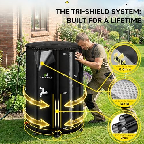 100 Gallon/380L Collapsible RainWater Collection Barrel,Water Tank&Reinforced with 2mm Frame Portable Rain Catcher,Includes Quick-Connect Tap&Sprinkler,Heavy Duty 0.6mm PVC for Long-Lasting Use,Black - Image 2
