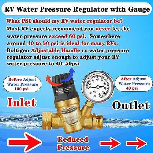 RV Water Pressure Regulator with Adjustable Handle,Upgrade Water Pressure Reducer, RV Water Regulator Valve with 2 Inlet Screened Filters, for RV Camper, Travel Trailer (Style 1-Handle Adjustable)… - Image 5