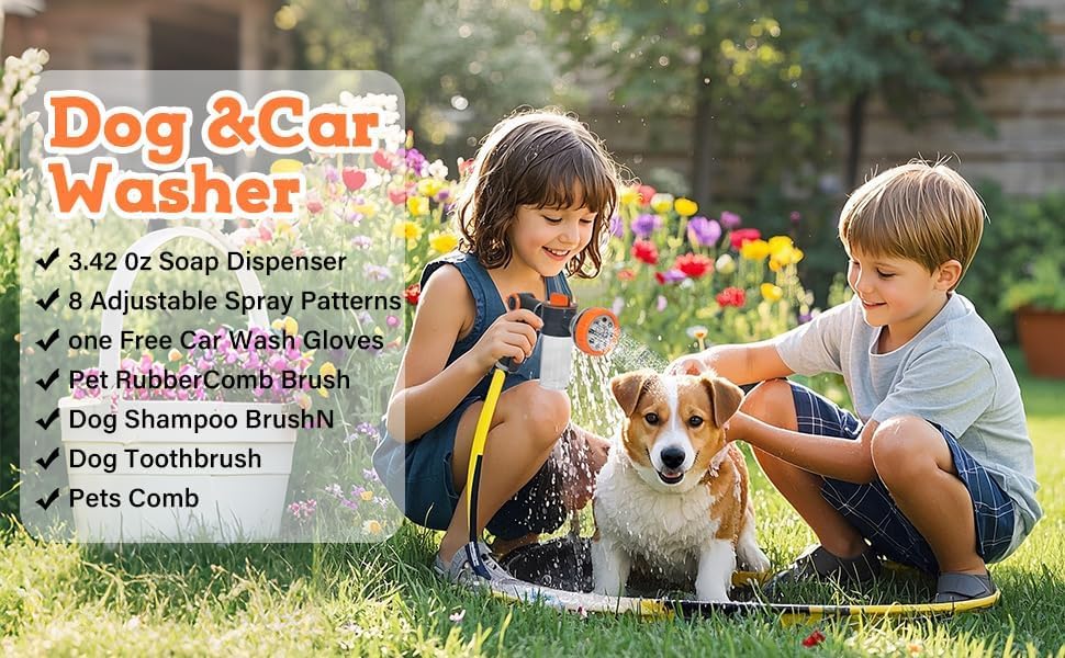 OJKGVGarden Hose Nozzle,8 Patterns Hose Sprayer High Pressure,Heavy Duty Dog Wash,Metal Water Hose Nozzle with Soap Dispenser,Car Wash Foam Gun With Pets Things (Orange gray) - Image 6